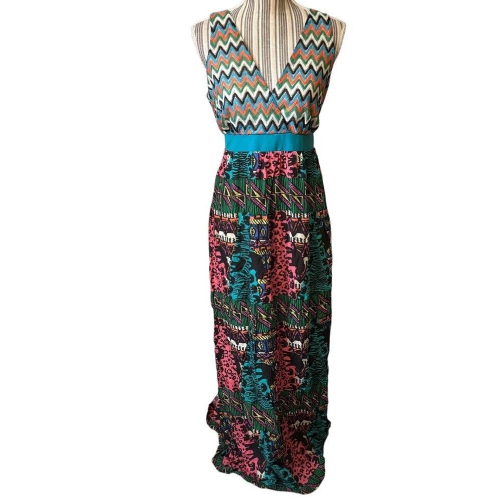 Flying Tomato Dress Large Multicolor Chevron Patchwork Maxi Boho Retro Rayon